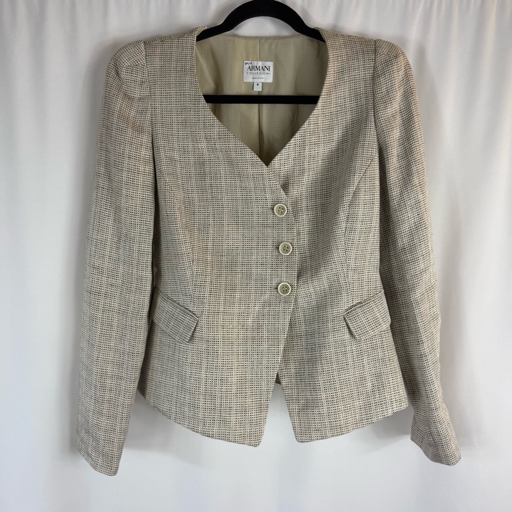 Armani Collezioni Womens 6 Tweed Linen Blend Blazer Cream Black Classic,Career